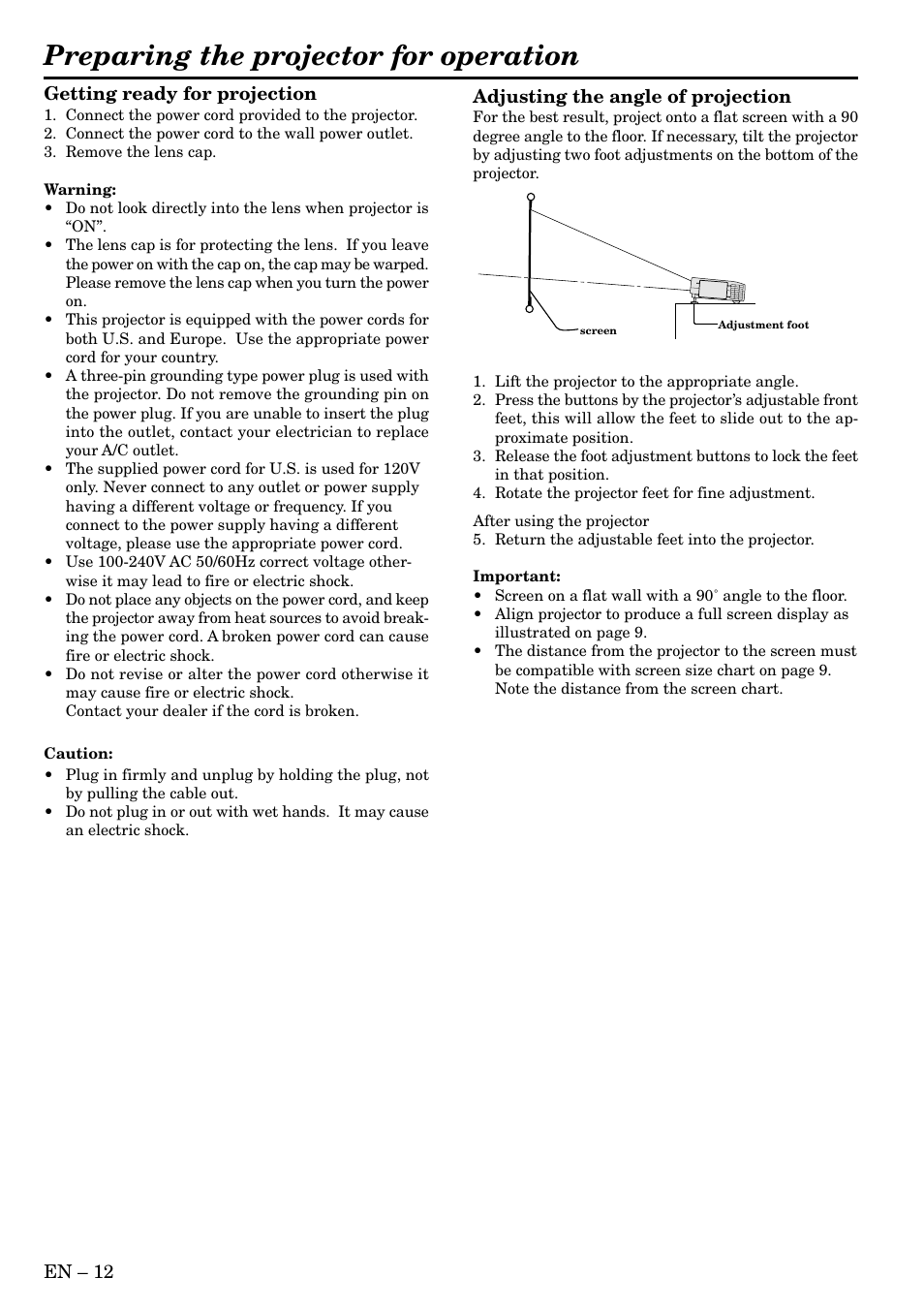 Preparing the projector for operation | MITSUBISHI ELECTRIC LVP S290U User Manual | Page 12 / 28