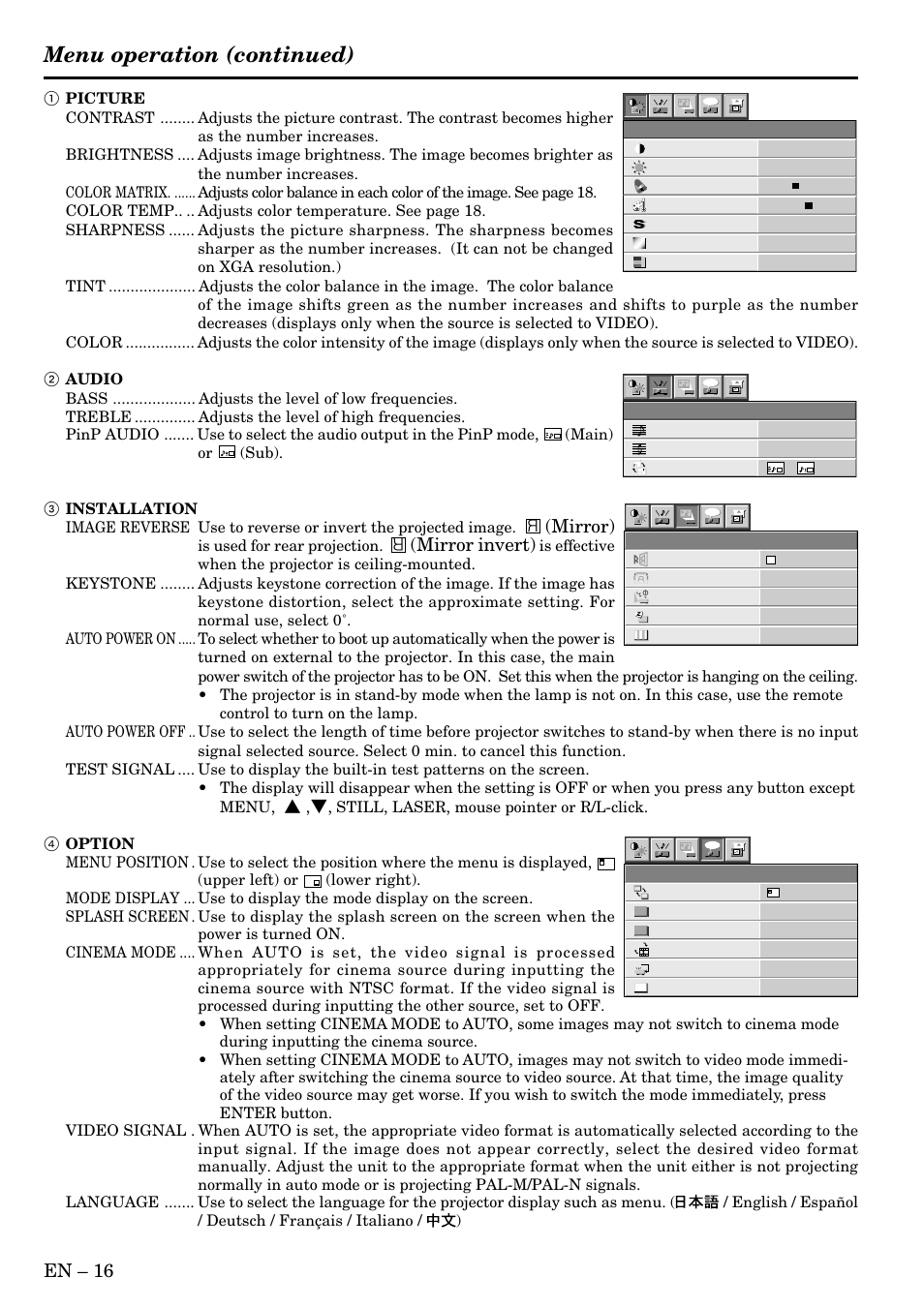 Menu operation (continued), En – 16, Mirror) | Mirror invert), Is used for rear projection | MITSUBISHI ELECTRIC LVP S290U User Manual | Page 16 / 28