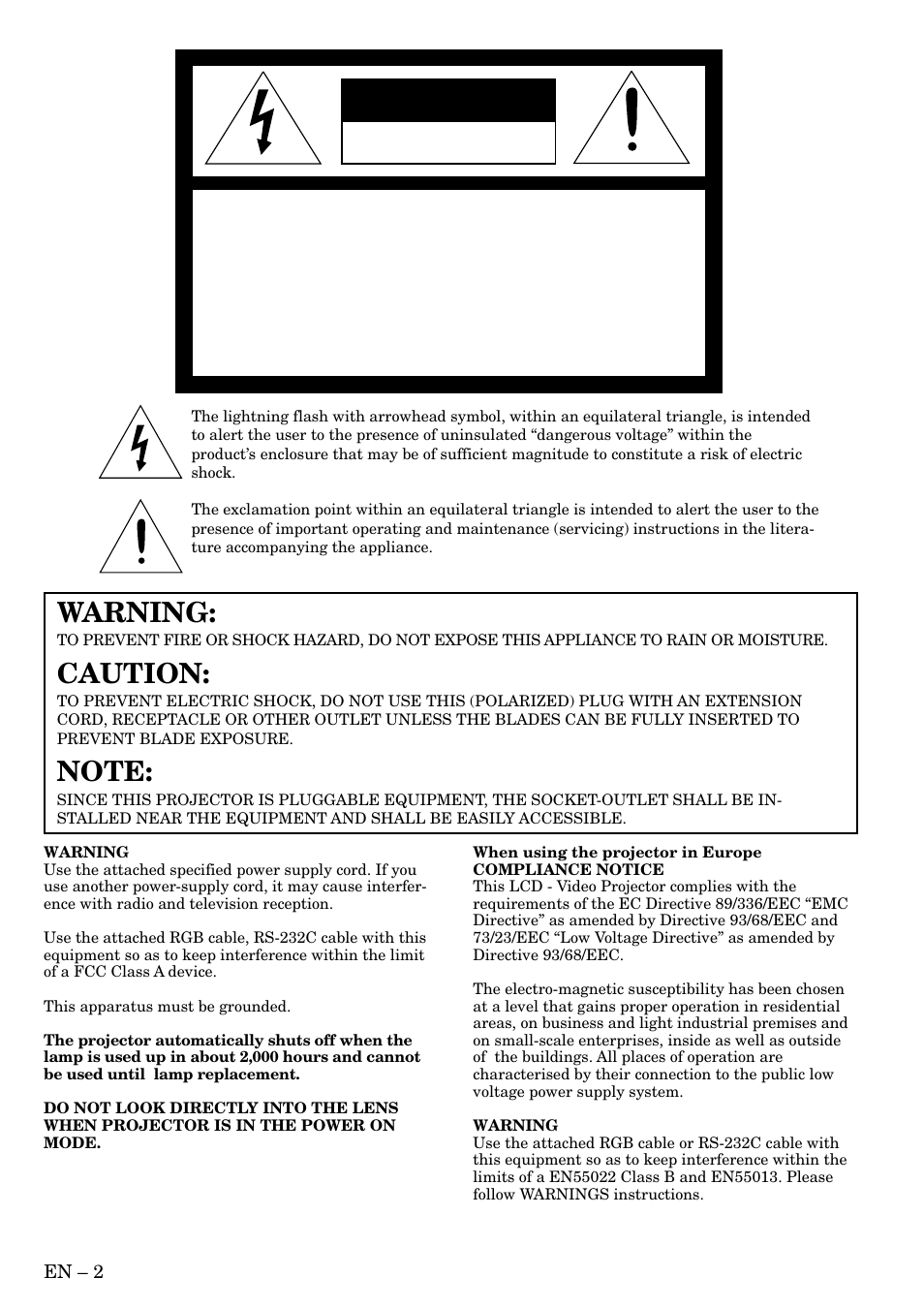 Caution, Warning | MITSUBISHI ELECTRIC LVP S290U User Manual | Page 2 / 28