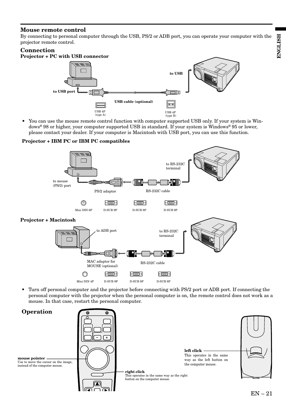En – 21, Mouse remote control, Connection | Operation, English, Projector + pc with usb connector | MITSUBISHI ELECTRIC LVP S290U User Manual | Page 21 / 28