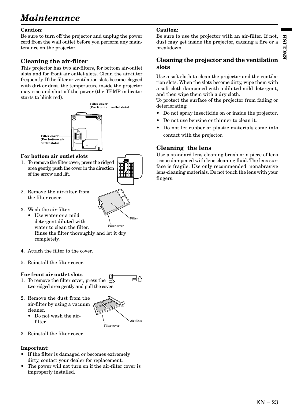 Maintenance | MITSUBISHI ELECTRIC LVP S290U User Manual | Page 23 / 28