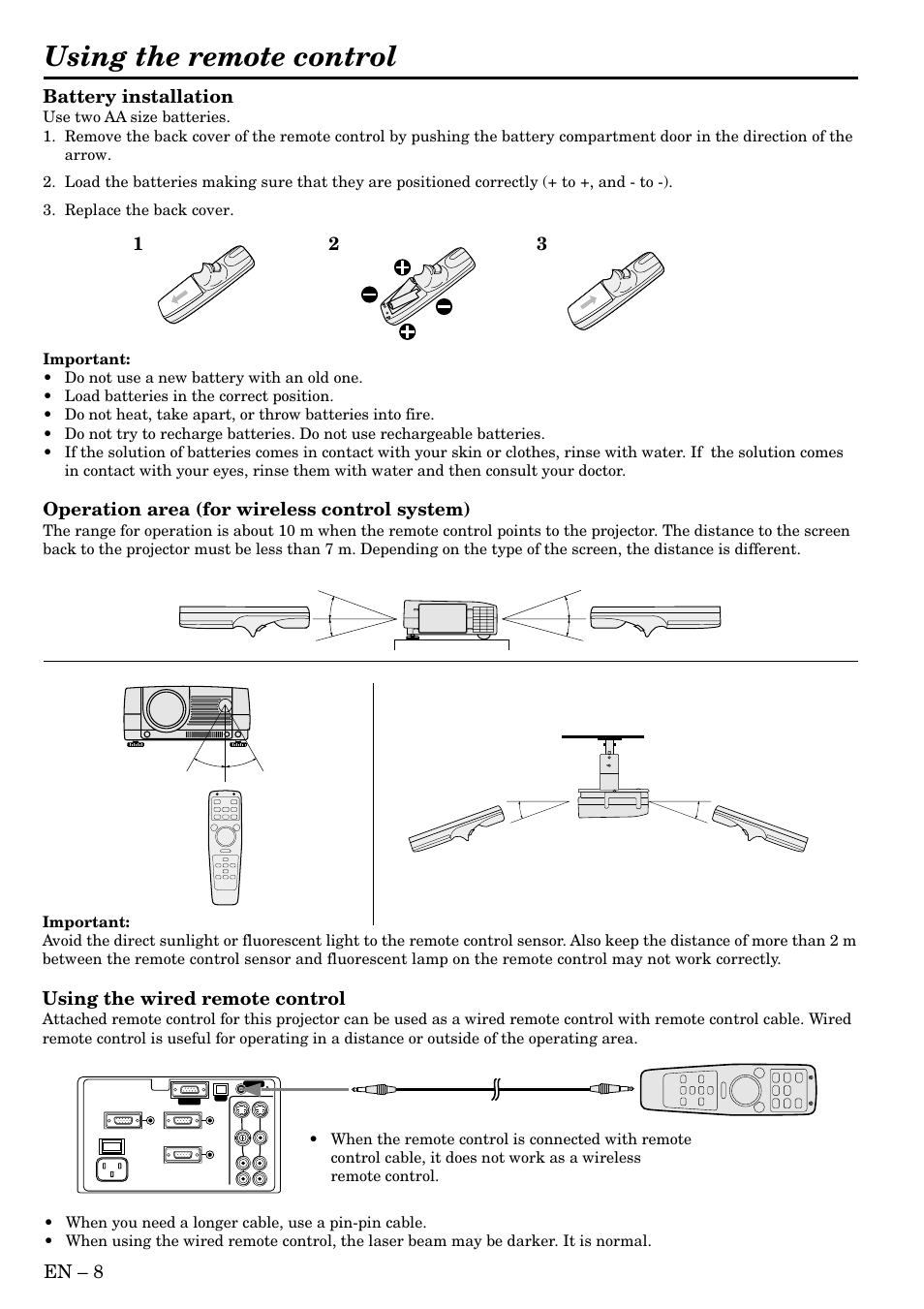 Using the remote control, En – 8 battery installation, Operation area (for wireless control system) | Using the wired remote control | MITSUBISHI ELECTRIC LVP S290U User Manual | Page 8 / 28