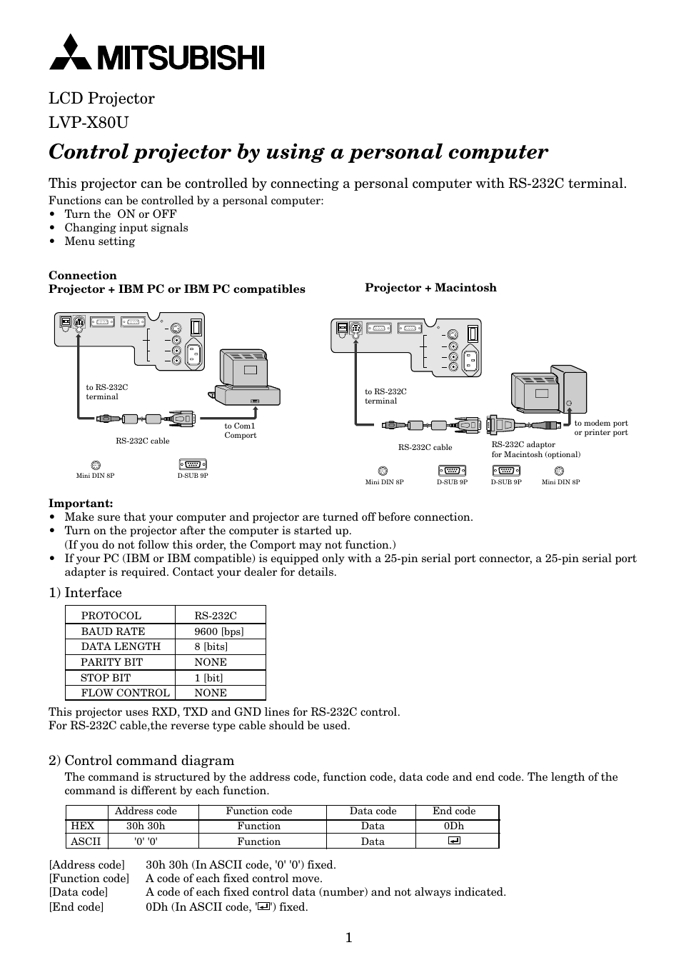 Control projector by using a personal computer, Lcd projector lvp-x80u, 2) control command diagram | Projector + macintosh | MITSUBISHI ELECTRIC LVP-X80U User Manual | Page 30 / 33