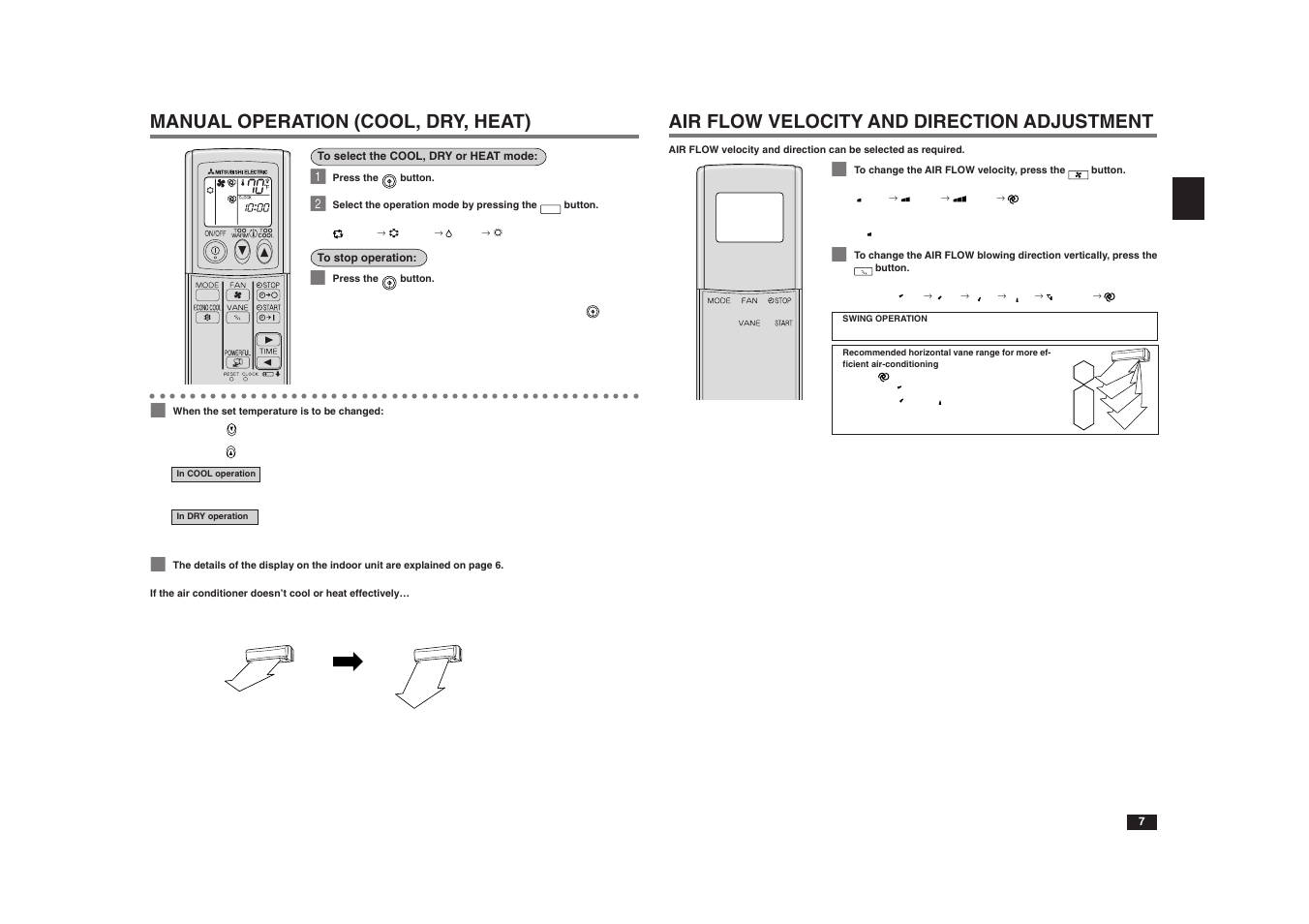 Manual operation (cool, dry, heat), Air flow velocity and direction adjustment | MITSUBISHI ELECTRIC MSZ-A17NA User Manual | Page 13 / 29