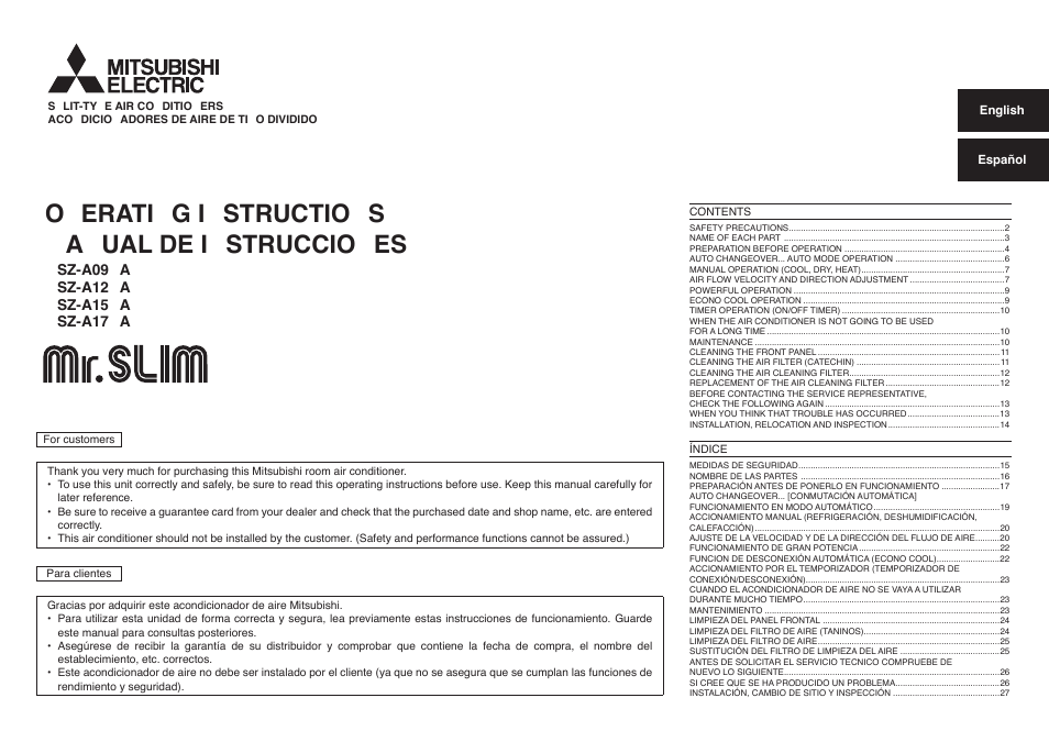 Operating instructions manual de instrucciones | MITSUBISHI ELECTRIC MSZ-A17NA User Manual | Page 2 / 29