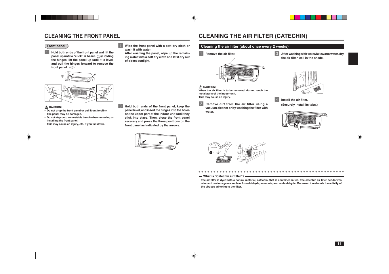 Cleaning the air filter (catechin), Cleaning the front panel | MITSUBISHI ELECTRIC MSZ-A17NA User Manual | Page 21 / 29