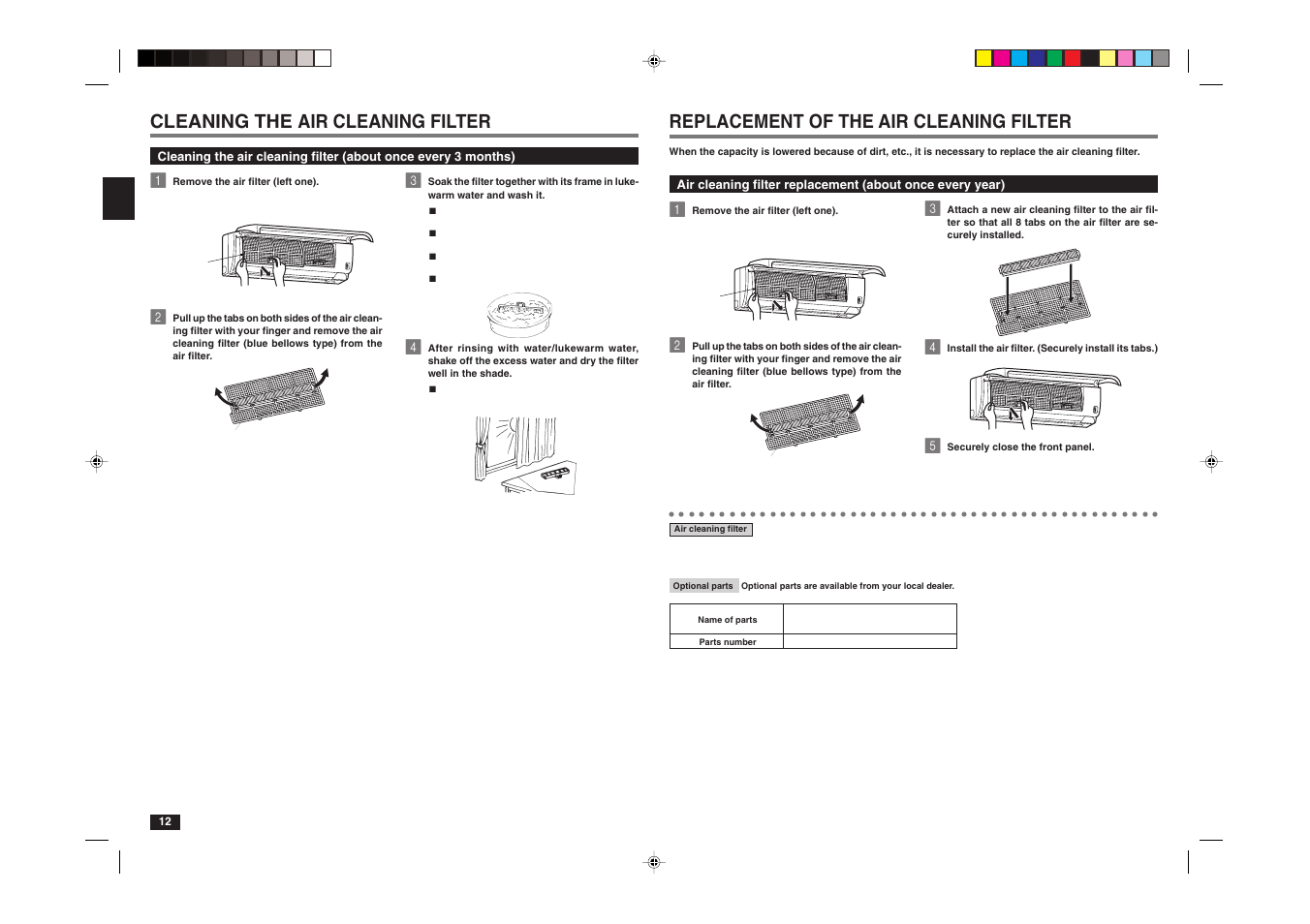 Replacement of the air cleaning filter, Cleaning the air cleaning filter | MITSUBISHI ELECTRIC MSZ-A17NA User Manual | Page 23 / 29