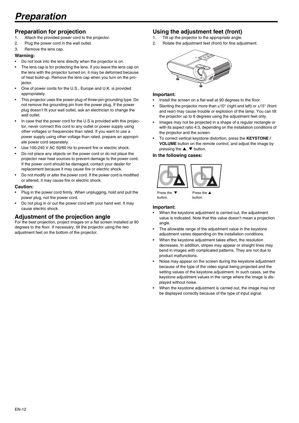 Preparation, Preparation for projection, Adjustment of the projection angle | Using the adjustment feet (front) | MITSUBISHI ELECTRIC XD210U User Manual | Page 12 / 28