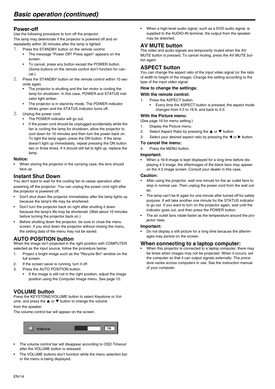 Basic operation (continued), Power-off, Instant shut down | Auto position button, Volume button, Av mute button, Aspect button, When connecting to a laptop computer | MITSUBISHI ELECTRIC XD210U User Manual | Page 14 / 28