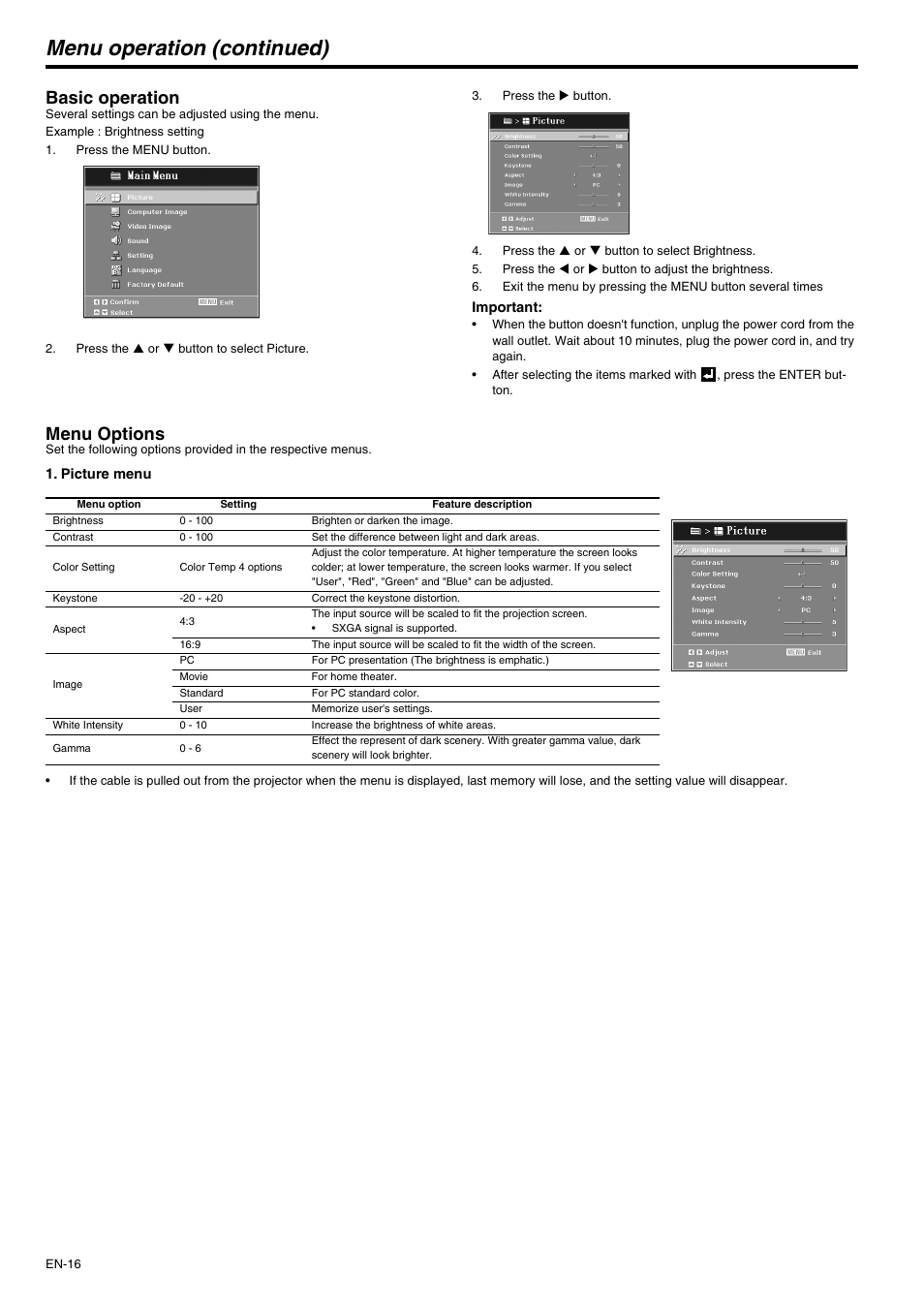 Menu operation (continued), Basic operation, Menu options | MITSUBISHI ELECTRIC XD210U User Manual | Page 16 / 28