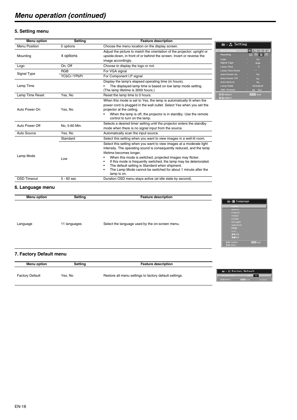 Menu operation (continued) | MITSUBISHI ELECTRIC XD210U User Manual | Page 18 / 28