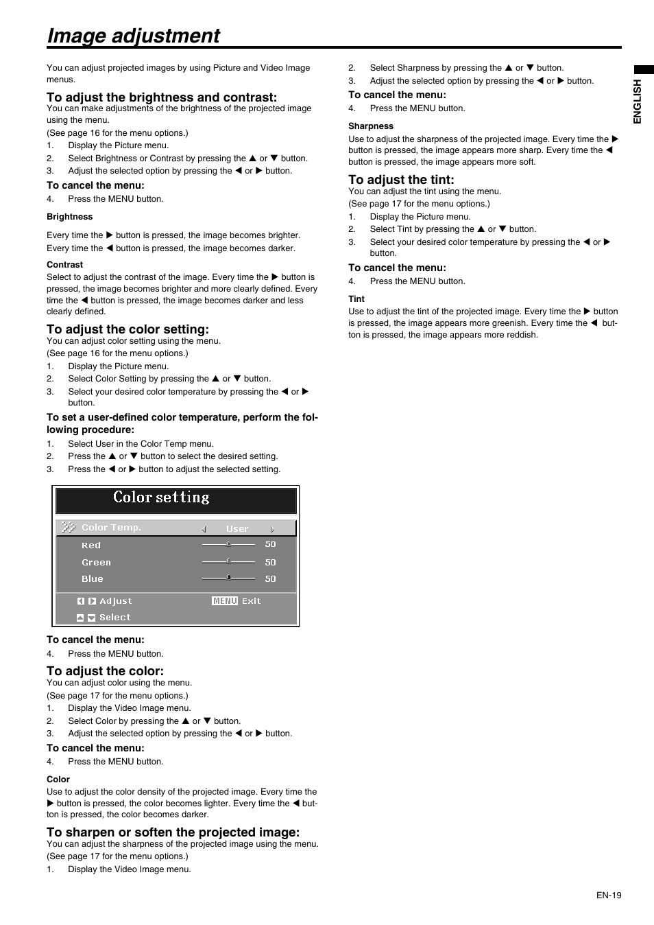Image adjustment, To adjust the brightness and contrast, To adjust the color setting | To adjust the color, To sharpen or soften the projected image, To adjust the tint | MITSUBISHI ELECTRIC XD210U User Manual | Page 19 / 28