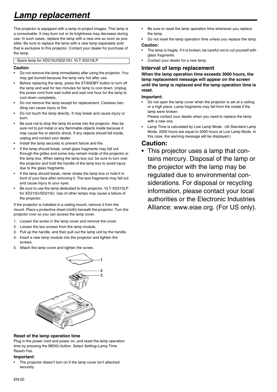 Lamp replacement, Interval of lamp replacement | MITSUBISHI ELECTRIC XD210U User Manual | Page 20 / 28