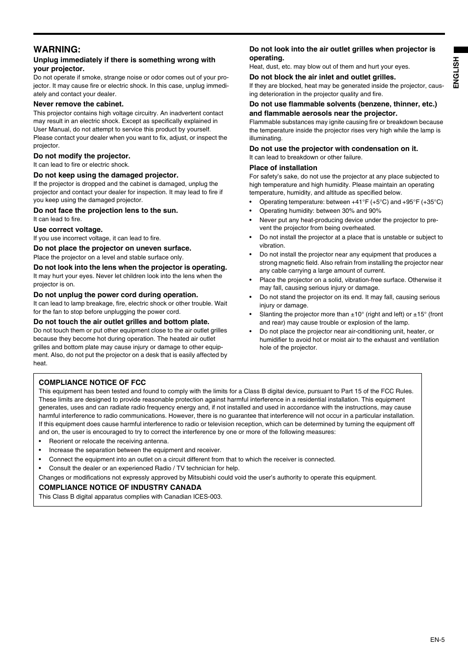 Warning | MITSUBISHI ELECTRIC XD210U User Manual | Page 5 / 28