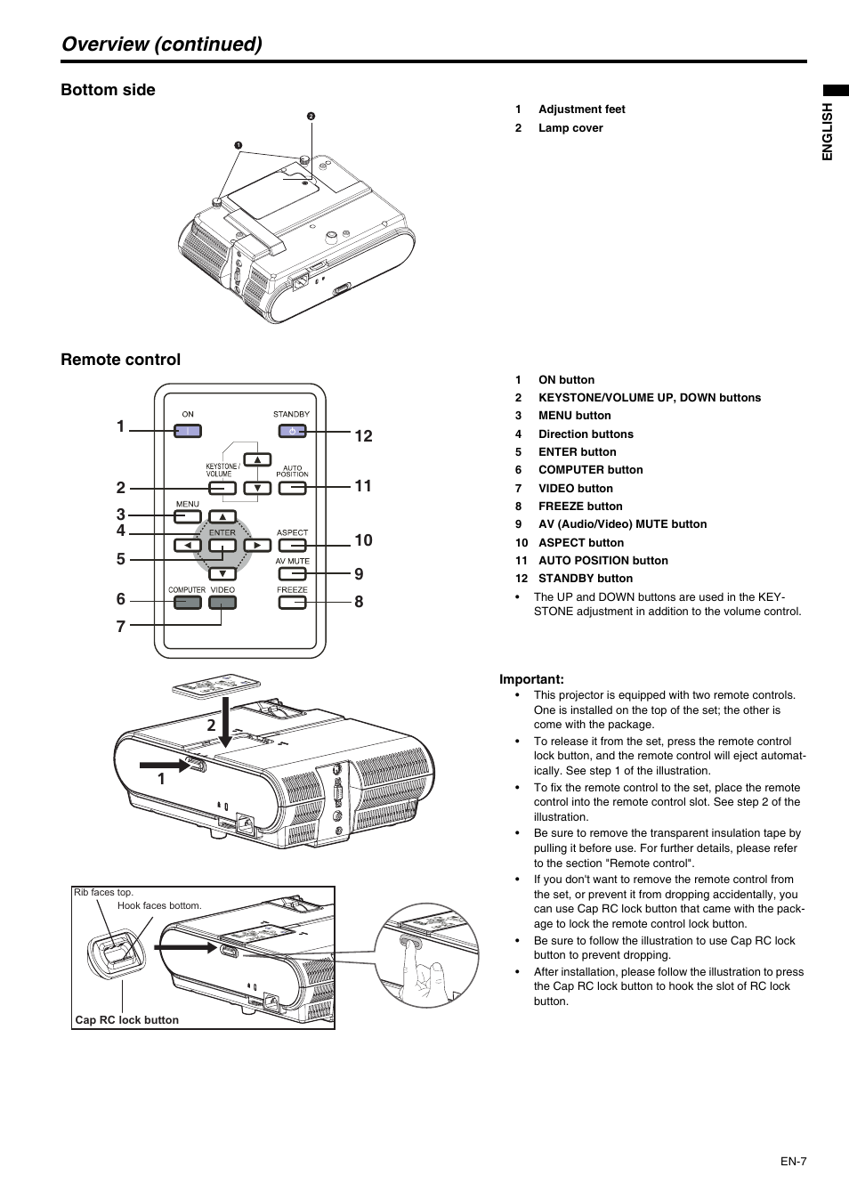 Overview (continued), Bottom side, Remote control | MITSUBISHI ELECTRIC XD210U User Manual | Page 7 / 28