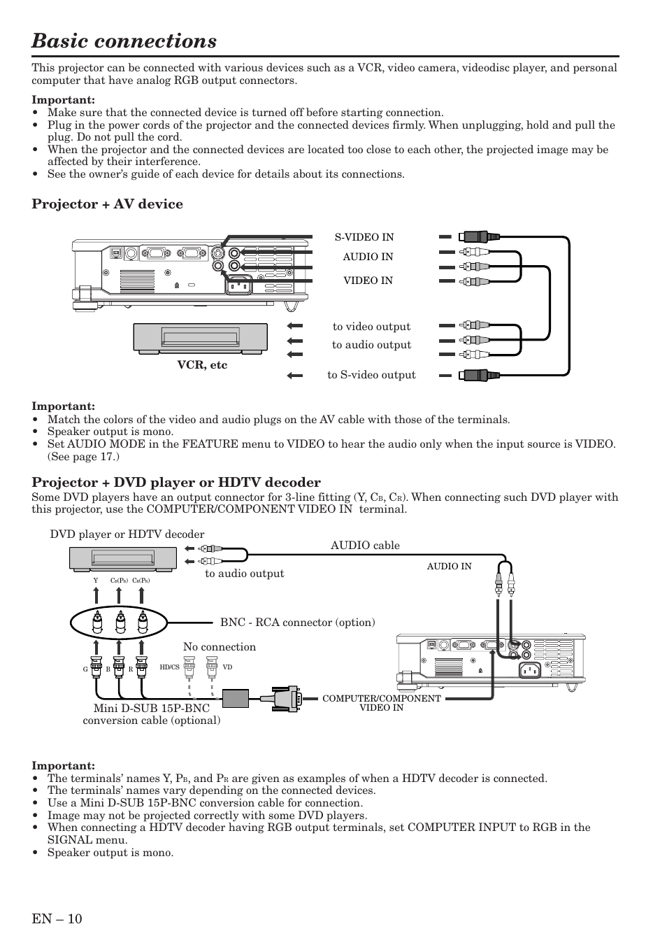 Basic connections, En – 10, Projector + av device | Projector + dvd player or hdtv decoder | MITSUBISHI ELECTRIC SL4SU User Manual | Page 10 / 34