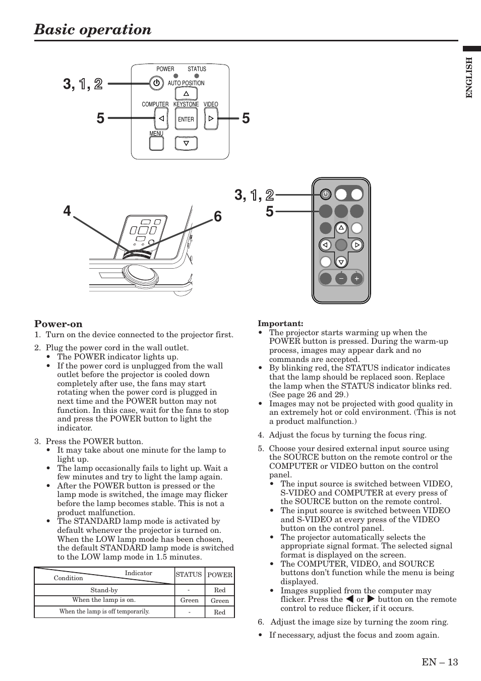 Basic operation, En – 13, Power-on | MITSUBISHI ELECTRIC SL4SU User Manual | Page 13 / 34