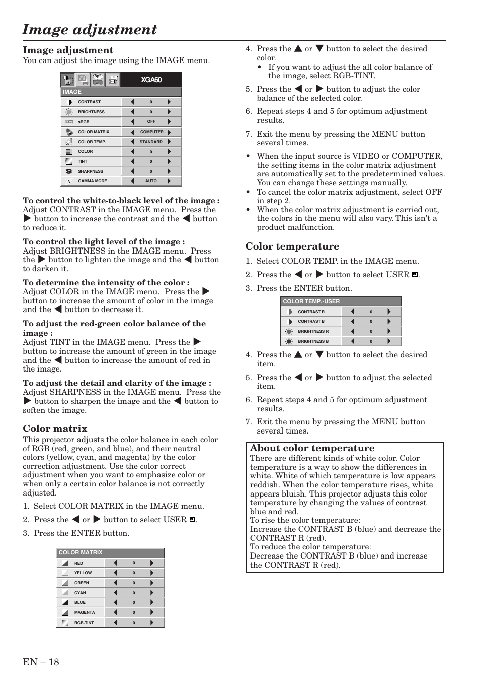 Image adjustment, En – 18, Color temperature | About color temperature, Color matrix | MITSUBISHI ELECTRIC SL4SU User Manual | Page 18 / 34