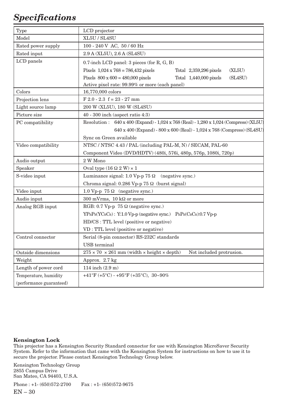 Specifications, En – 30 | MITSUBISHI ELECTRIC SL4SU User Manual | Page 30 / 34