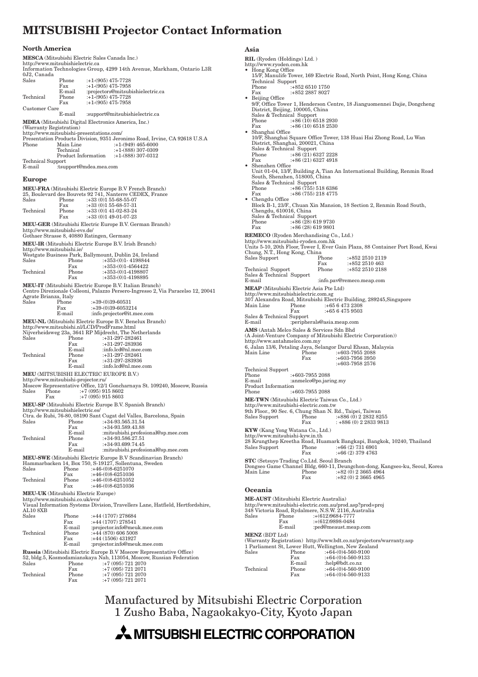 Mitsubishi electric corporation, Mitsubishi projector contact information | MITSUBISHI ELECTRIC SL4SU User Manual | Page 34 / 34