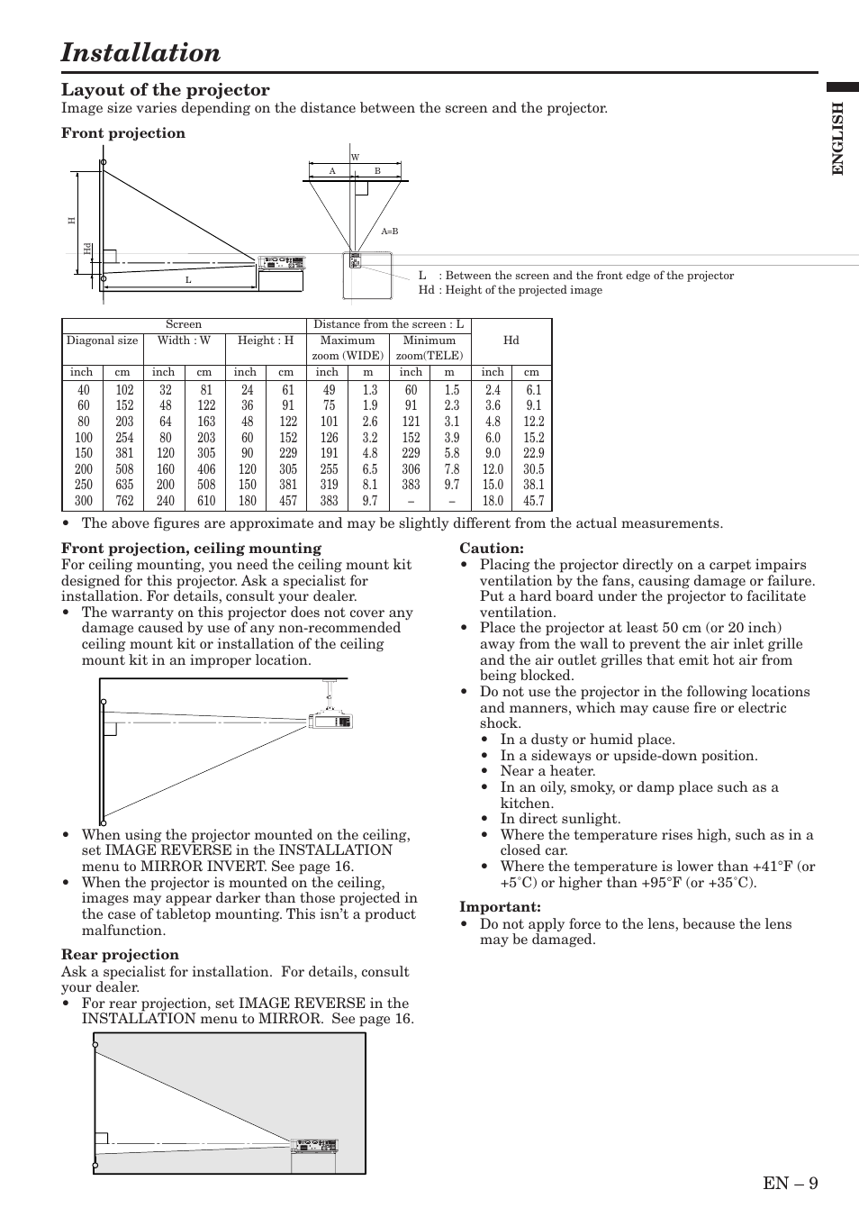 Installation, En – 9, Layout of the projector | MITSUBISHI ELECTRIC SL4SU User Manual | Page 9 / 34