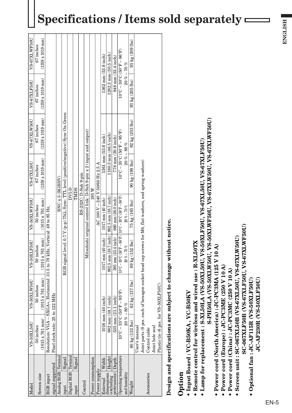 Specifications / items sold separately, Option, En-5 | MITSUBISHI ELECTRIC VS-50XL50U User Manual | Page 5 / 9