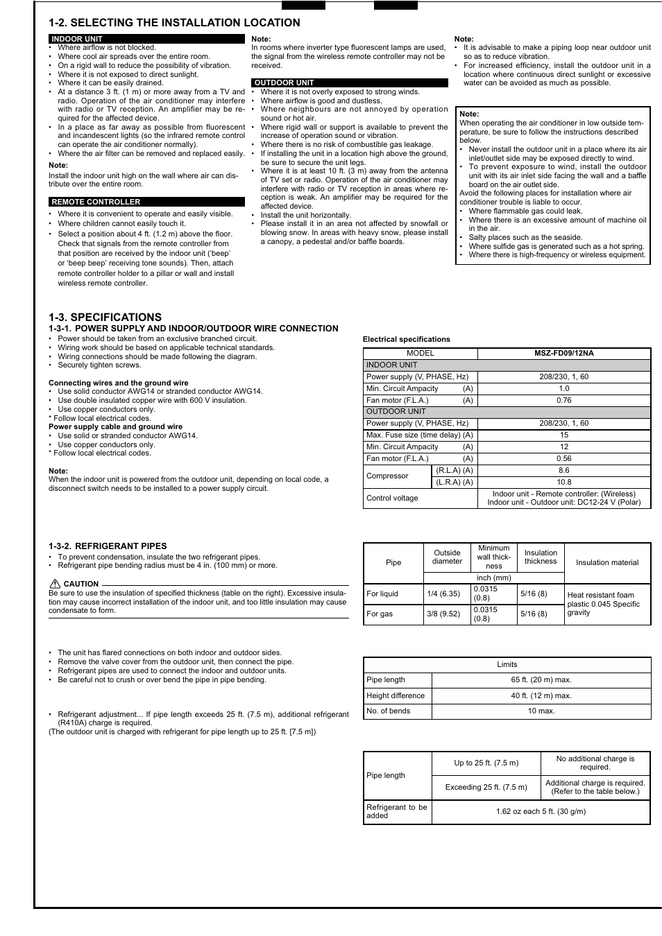 3. specifications, 2. selecting the installation location | MITSUBISHI ELECTRIC MSZ-FD09/12NA User Manual | Page 2 / 8