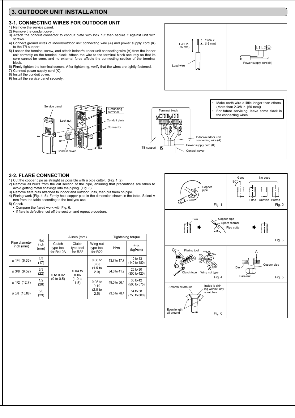 Outdoor unit installation, 1. connecting wires for outdoor unit, 2. flare connection | MITSUBISHI ELECTRIC MSZ-FD09/12NA User Manual | Page 6 / 8