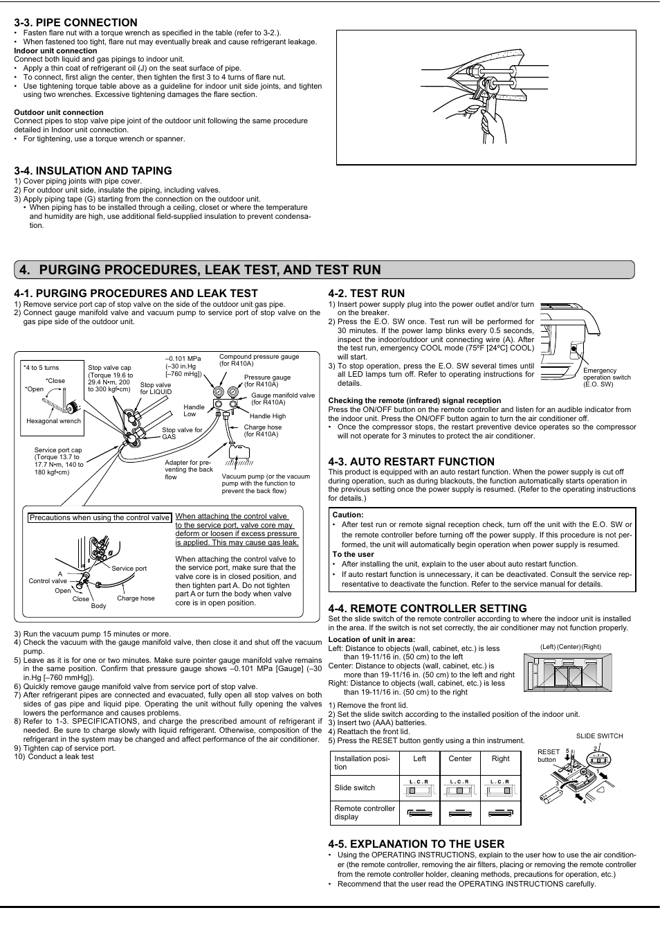 Purging procedures, leak test, and test run, 3. pipe connection, 4. insulation and taping | 1. purging procedures and leak test, 5. explanation to the user, 2. test run, 3. auto restart function, 4. remote controller setting | MITSUBISHI ELECTRIC MSZ-FD09/12NA User Manual | Page 7 / 8