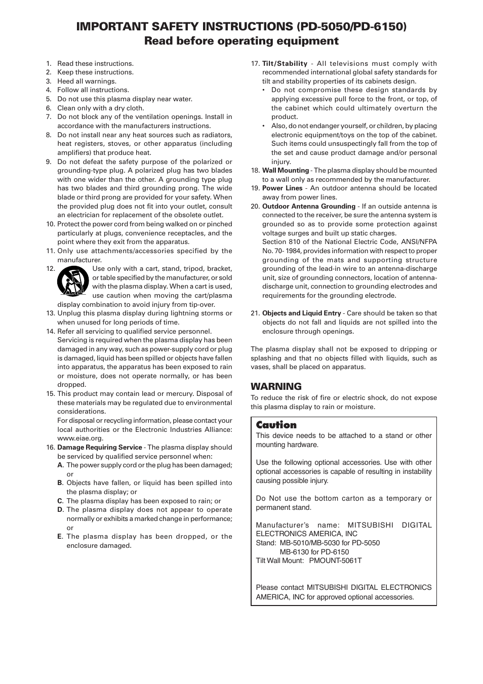 Warning, Caution | MITSUBISHI ELECTRIC PD-5050 User Manual | Page 2 / 46