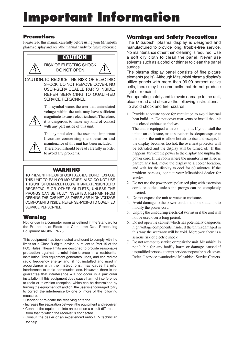 Important information | MITSUBISHI ELECTRIC PD-5050 User Manual | Page 3 / 46