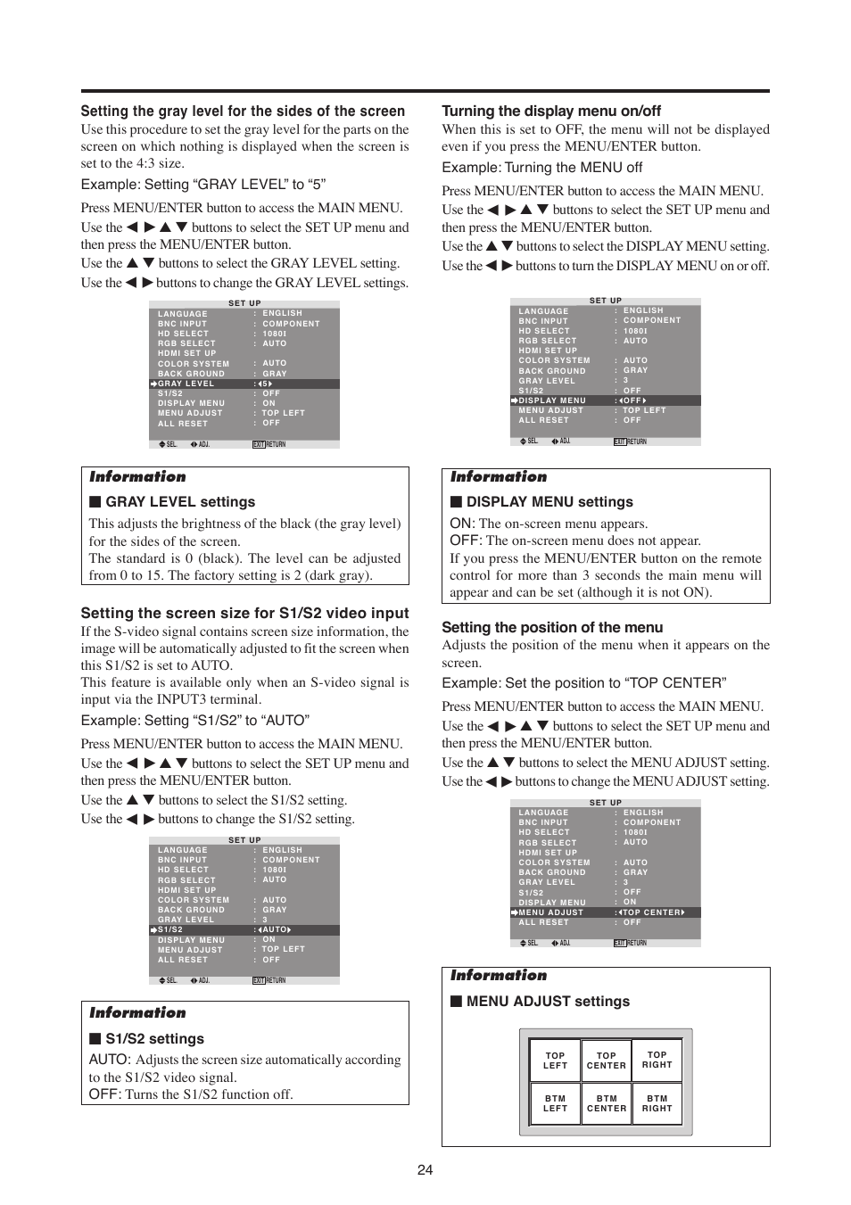 Buttons to change the s1/s2 setting, Buttons to change the gray level settings, Buttons to change the menu adjust setting | Information Ⅵ menu adjust settings | MITSUBISHI ELECTRIC PD-5050 User Manual | Page 33 / 46