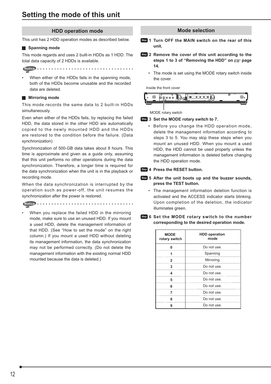 Setting the mode of this unit, Hdd operation mode, Mode selection | MITSUBISHI ELECTRIC DX-ZD6UE User Manual | Page 12 / 21
