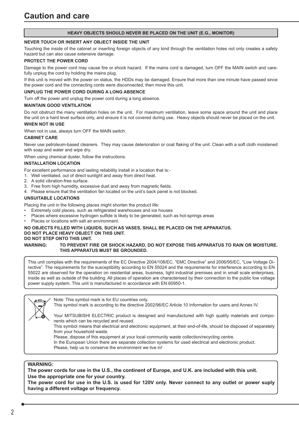 Caution and care | MITSUBISHI ELECTRIC DX-ZD6UE User Manual | Page 2 / 21