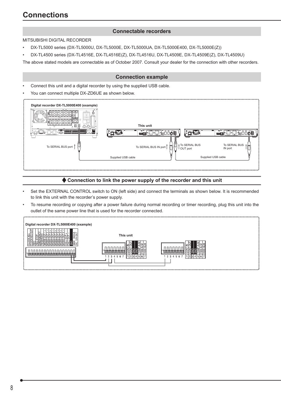 Connections, Connectable recorders, Connection example | MITSUBISHI ELECTRIC DX-ZD6UE User Manual | Page 8 / 21