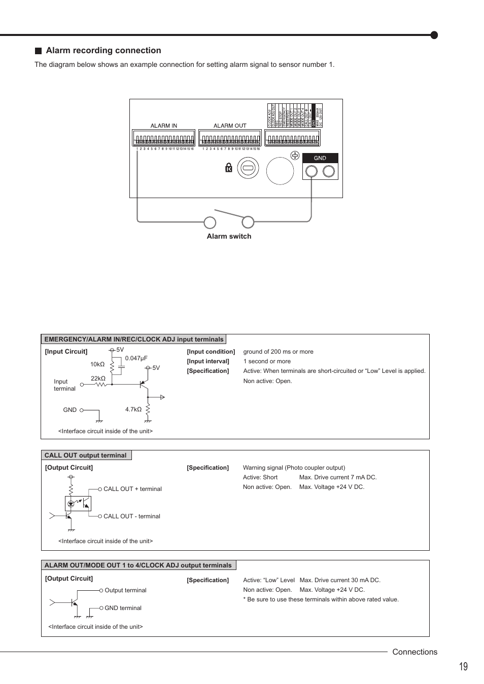 Alarm recording connection | MITSUBISHI ELECTRIC DX-TL4516U User Manual | Page 23 / 131