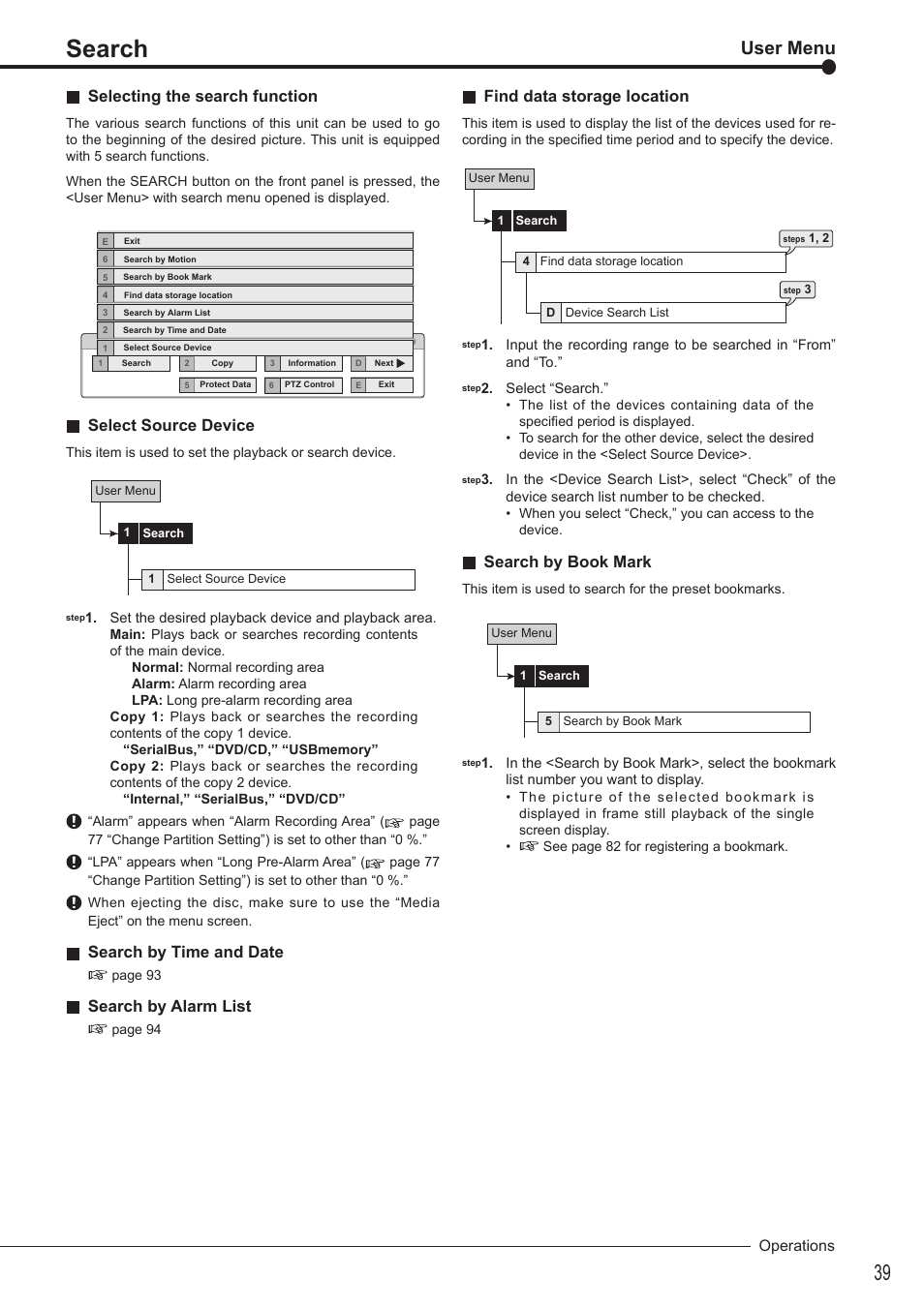 Search, User menu, Selecting the search function | Select source device, Search by time and date, Search by alarm list, Find data storage location, Search by book mark, Operations | MITSUBISHI ELECTRIC DX-TL4516U User Manual | Page 42 / 131