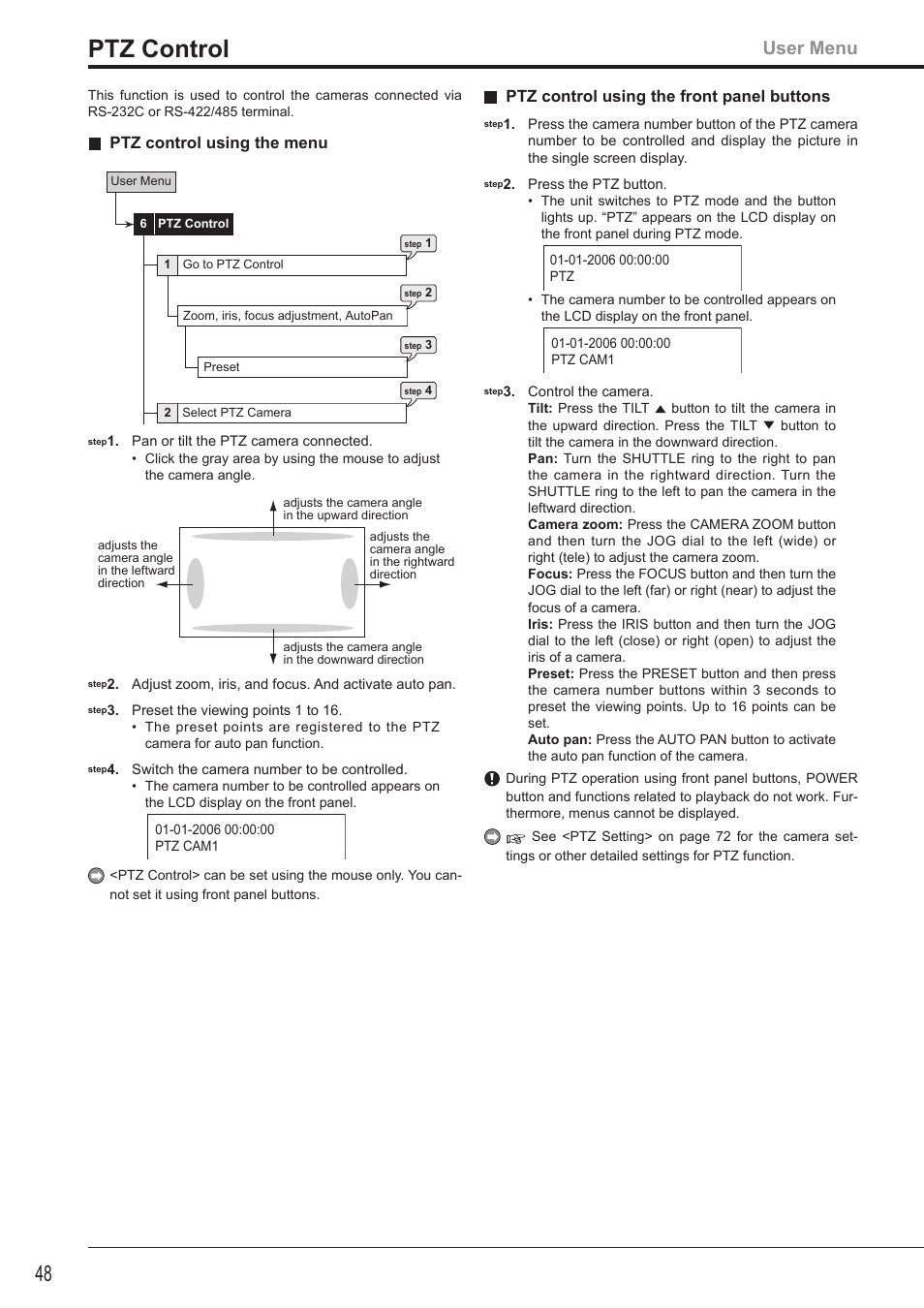 Ptz control, User menu, Ptz control using the menu | Ptz control using the front panel buttons | MITSUBISHI ELECTRIC DX-TL4516U User Manual | Page 51 / 131