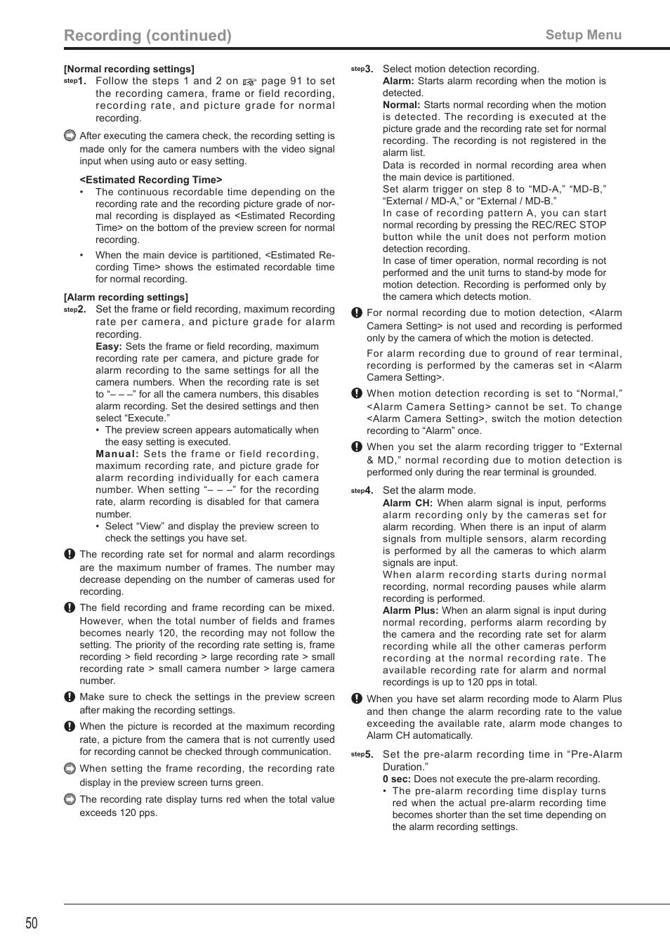 50 recording (continued), Setup menu | MITSUBISHI ELECTRIC DX-TL4516U User Manual | Page 53 / 131