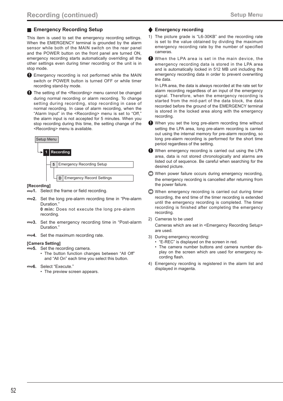 52 recording (continued), Setup menu | MITSUBISHI ELECTRIC DX-TL4516U User Manual | Page 55 / 131