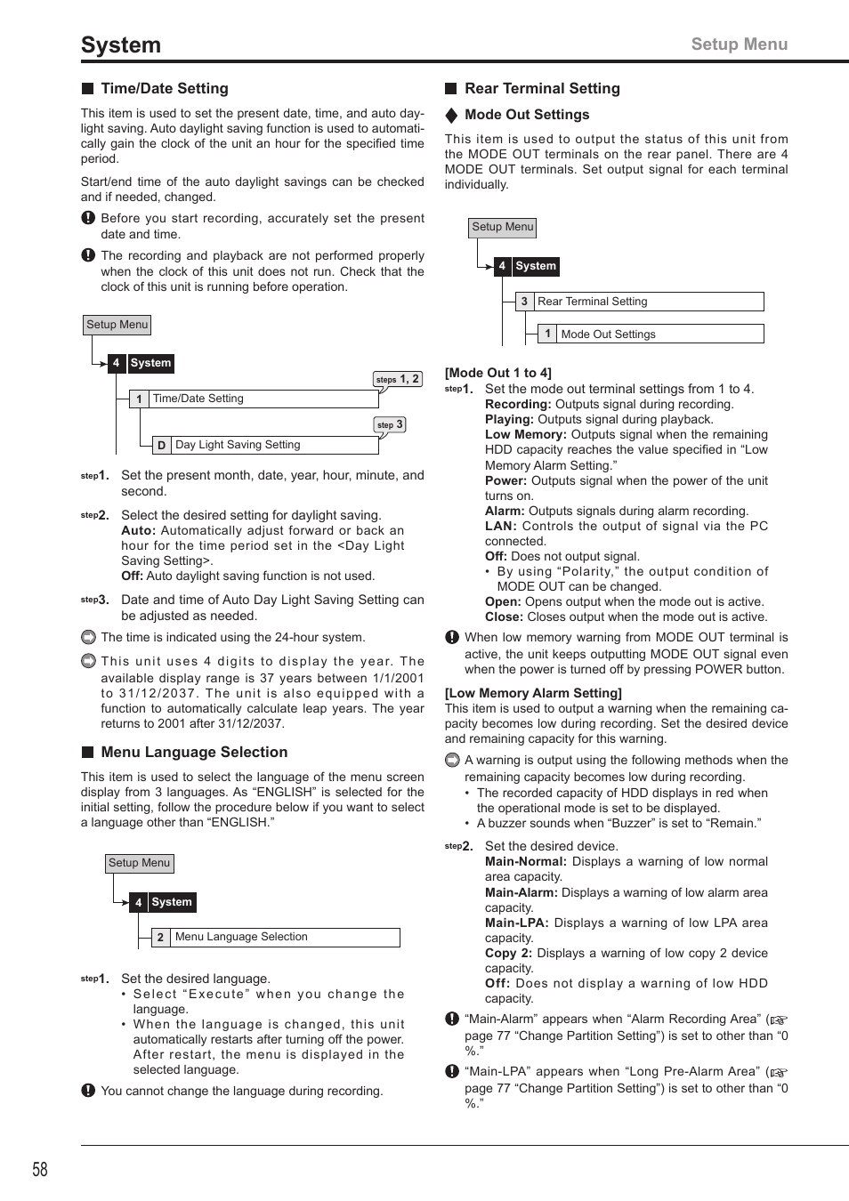 System, Setup menu | MITSUBISHI ELECTRIC DX-TL4516U User Manual | Page 61 / 131