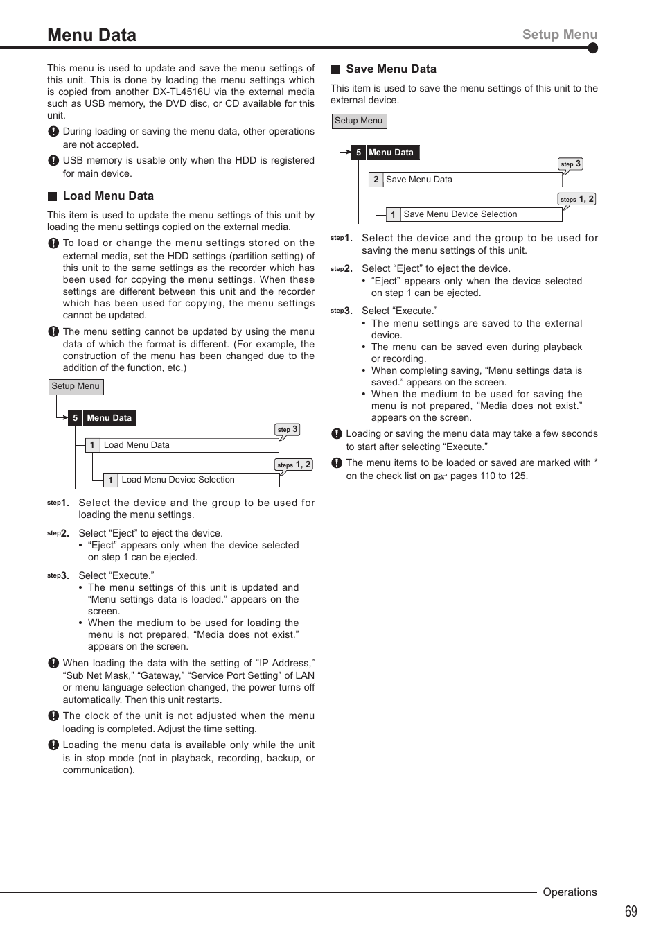Menu data, Setup menu, Load menu data | Save menu data | MITSUBISHI ELECTRIC DX-TL4516U User Manual | Page 72 / 131