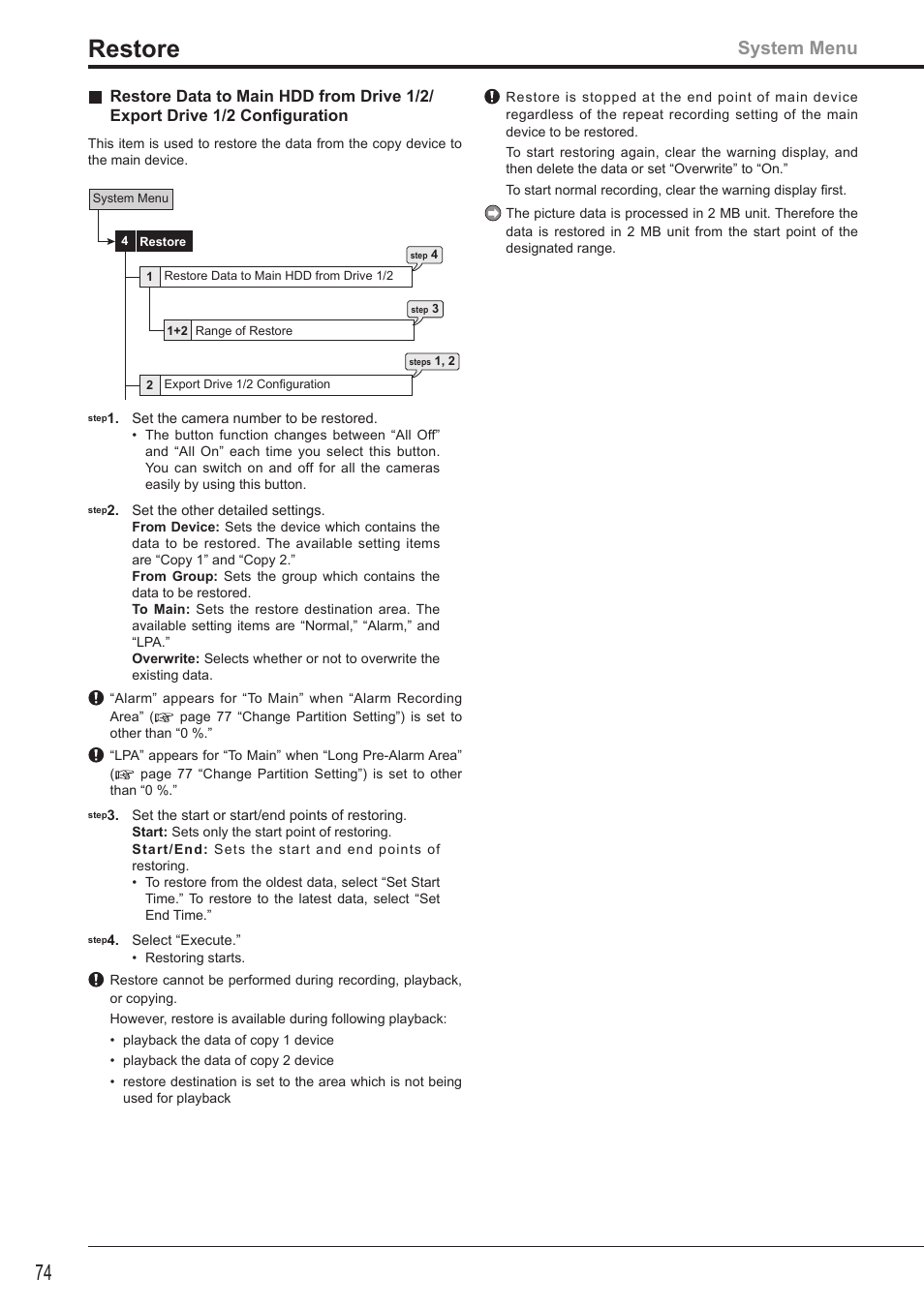 Restore, System menu | MITSUBISHI ELECTRIC DX-TL4516U User Manual | Page 77 / 131