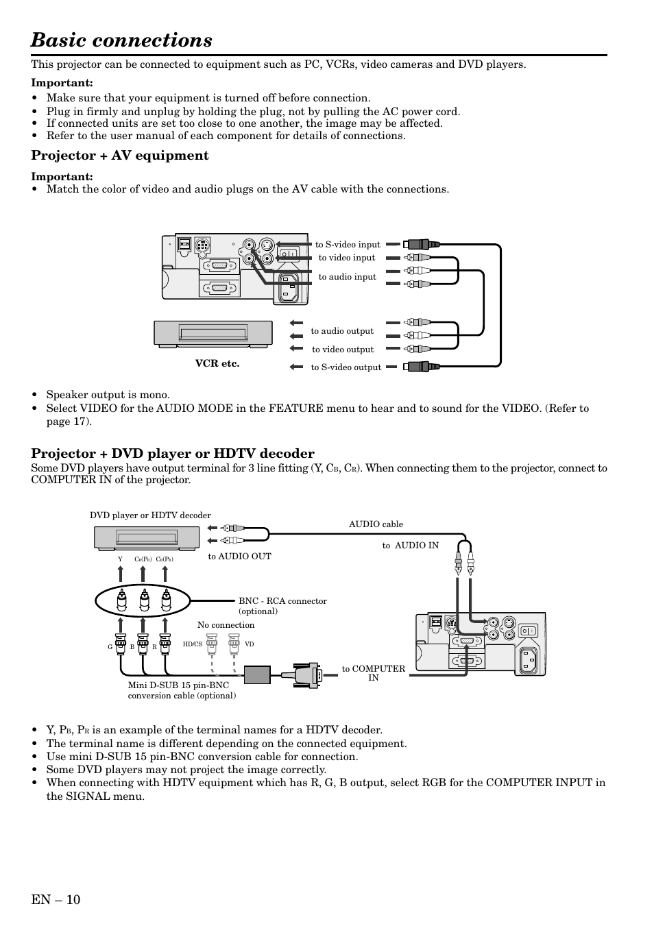 Basic connections, En – 10, Projector + av equipment | Projector + dvd player or hdtv decoder, Vcr etc | MITSUBISHI ELECTRIC XL2 User Manual | Page 10 / 28