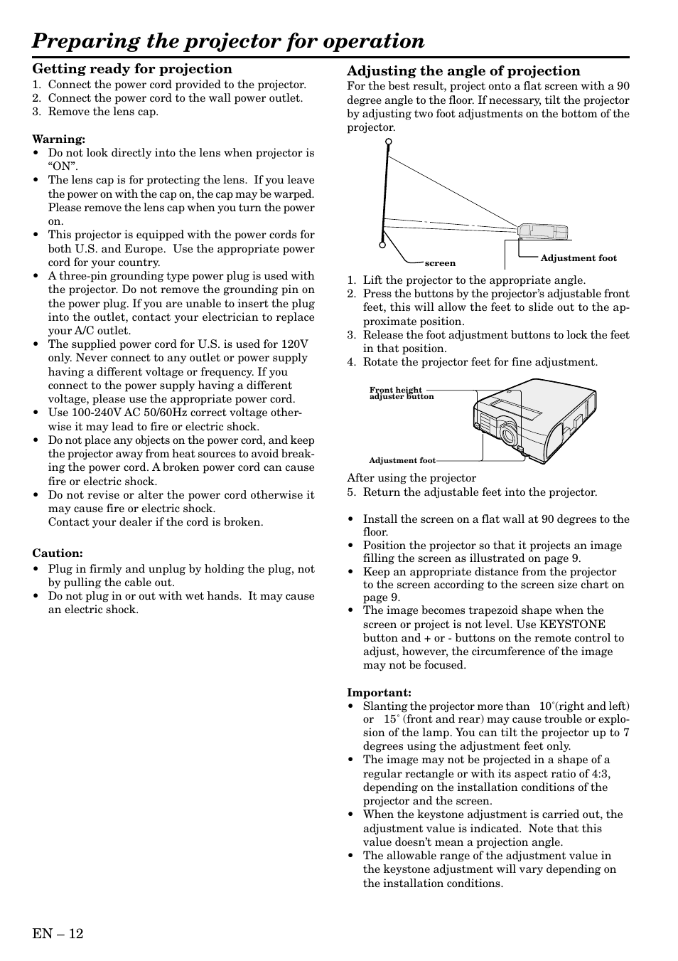 Preparing the projector for operation | MITSUBISHI ELECTRIC XL2 User Manual | Page 12 / 28