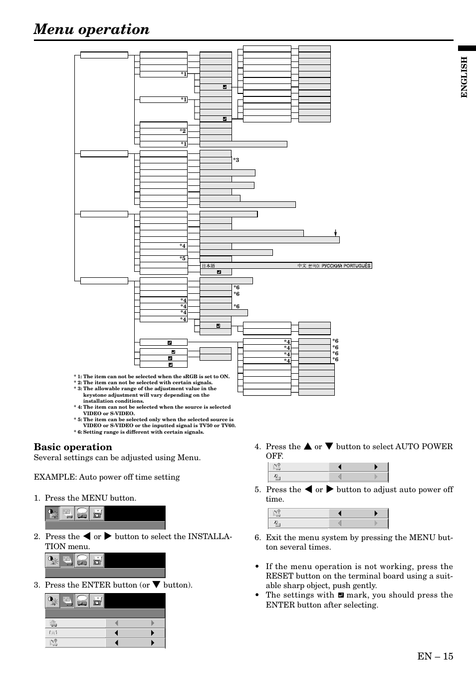 Menu operation, En – 15, Basic operation | English, Xga60 | MITSUBISHI ELECTRIC XL2 User Manual | Page 15 / 28