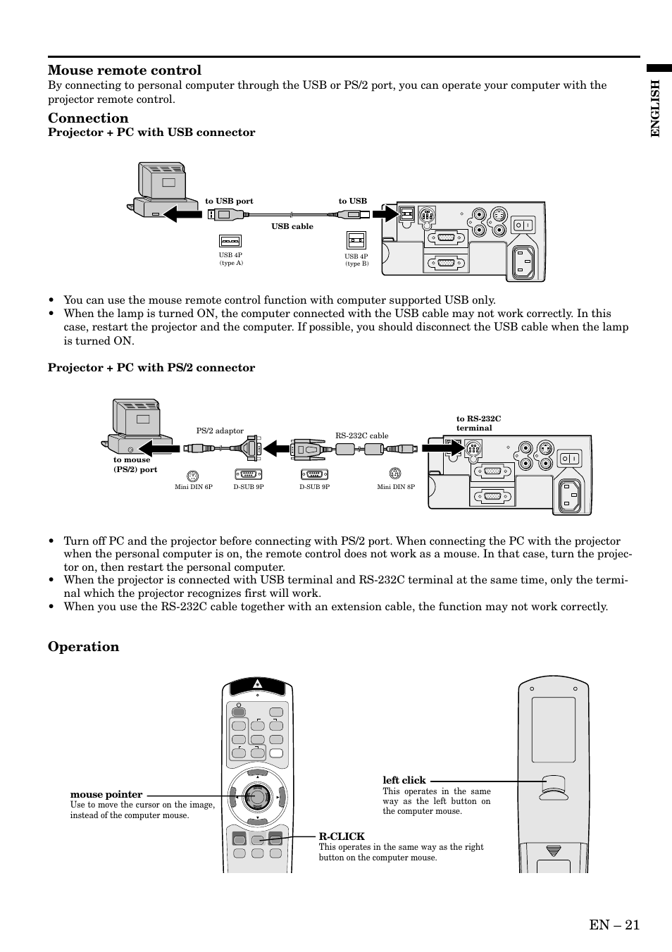 En – 21, Mouse remote control, Connection | Operation, English, Projector + pc with usb connector, R-click, Mouse pointer, Left click | MITSUBISHI ELECTRIC XL2 User Manual | Page 21 / 28