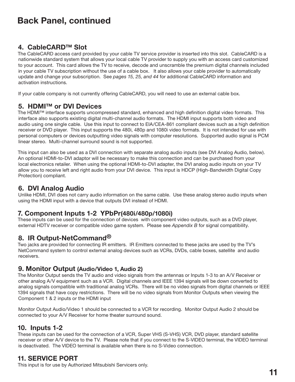 Back panel, continued | MITSUBISHI ELECTRIC WS-65517 User Manual | Page 11 / 100