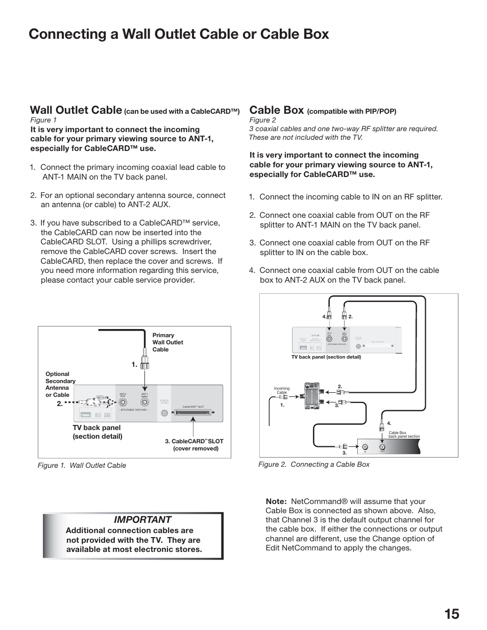 Connecting a wall outlet cable or cable box, Wall outlet cable, Cable box | Important, Can be used with a cablecard™) figure 1, Figure 1. wall outlet cable, Figure 2. connecting a cable box | MITSUBISHI ELECTRIC WS-65517 User Manual | Page 15 / 100