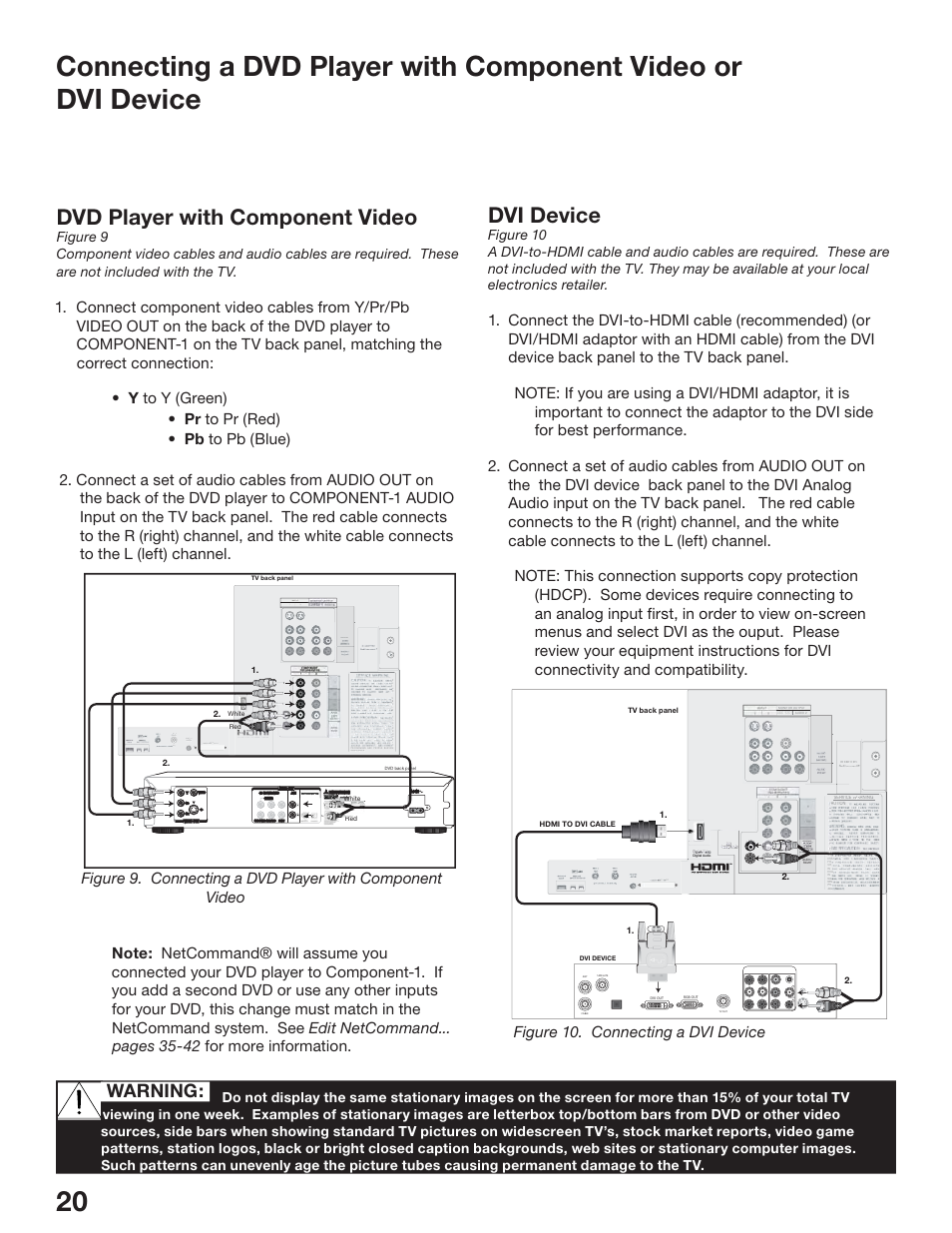 Dvd player with component video, Dvi device, Warning | Figure 10. connecting a dvi device | MITSUBISHI ELECTRIC WS-65517 User Manual | Page 20 / 100